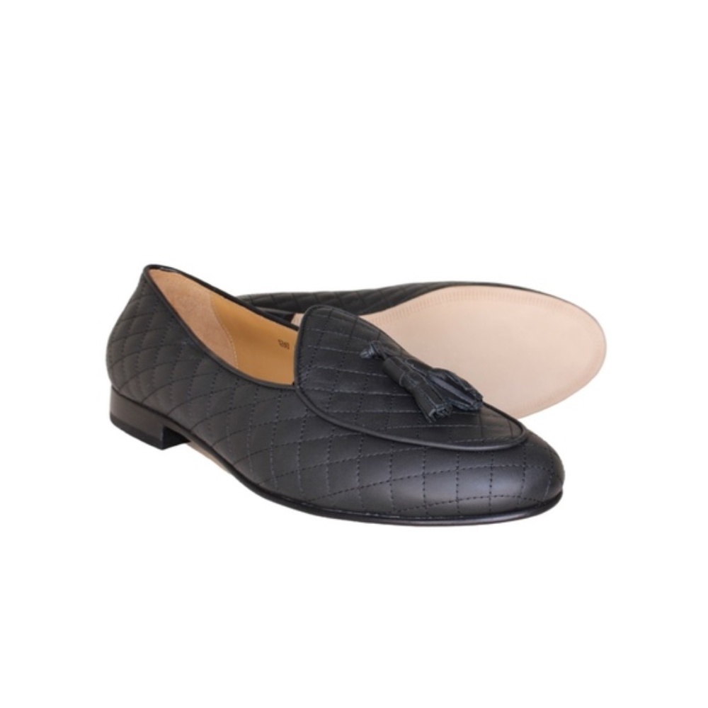 New Handmade in Italy, Men's Quilted Black Leather Loafers with Tassel size 13